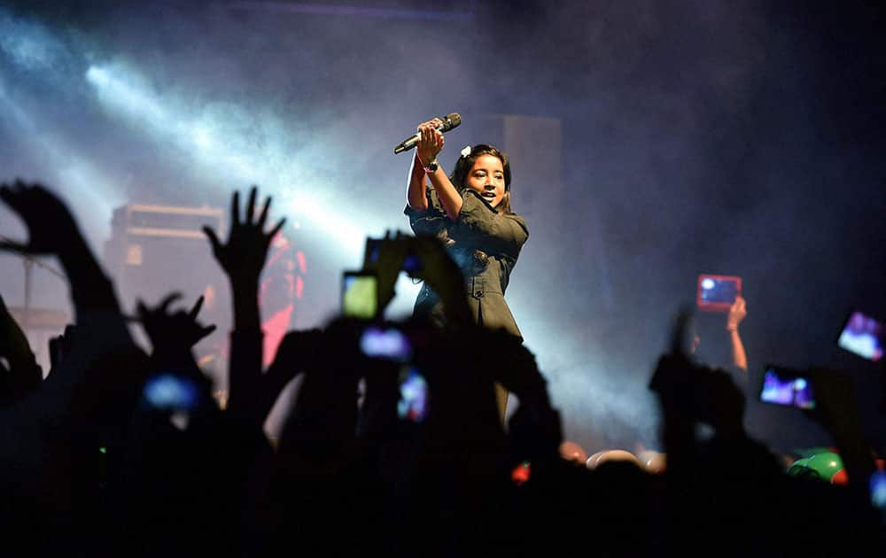 Bollywood singer Shilpa Rao performs at a rock concert event organised by AAPs studentswing CYSS ahaed of DU elections in New Delhi.