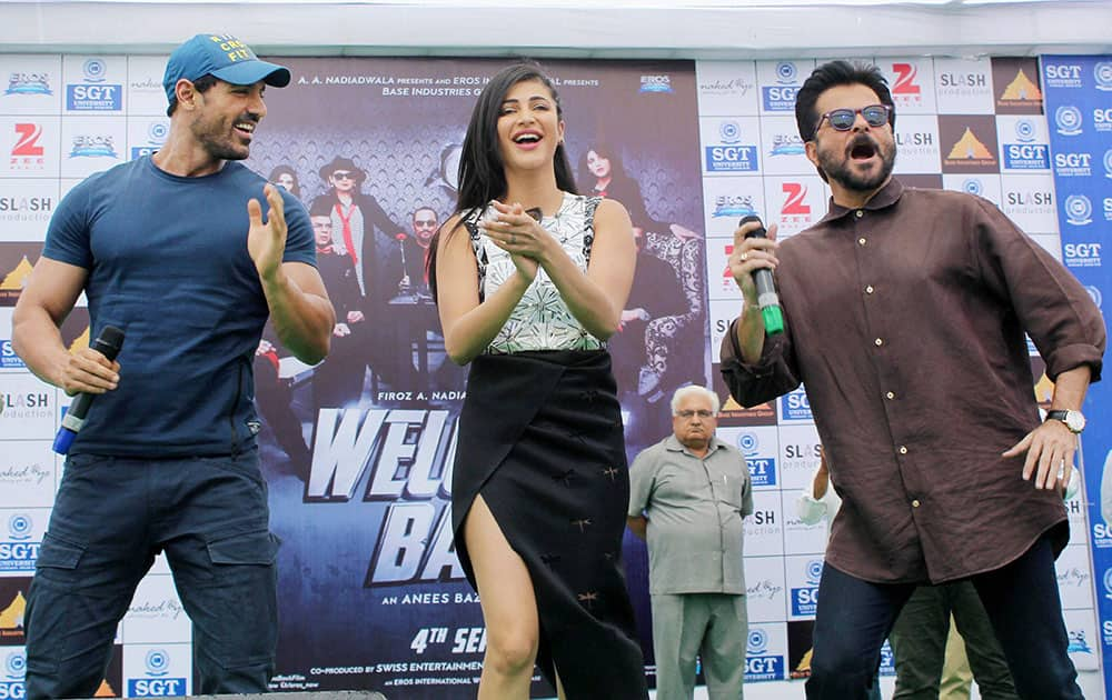 Bollywood actors Anil Kapoor, John Abraham and Shruti Hassan at a promotional event for their upcoming film Welcome Back in Gurgaon.