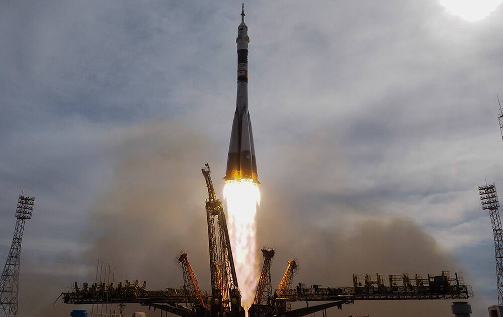 The Soyuz-FG rocket booster with Soyuz TMA-18M space ship carrying a new crew to the International Space Station, ISS, blasts off at the Russian leased Baikonur cosmodrome, Kazakhstan.