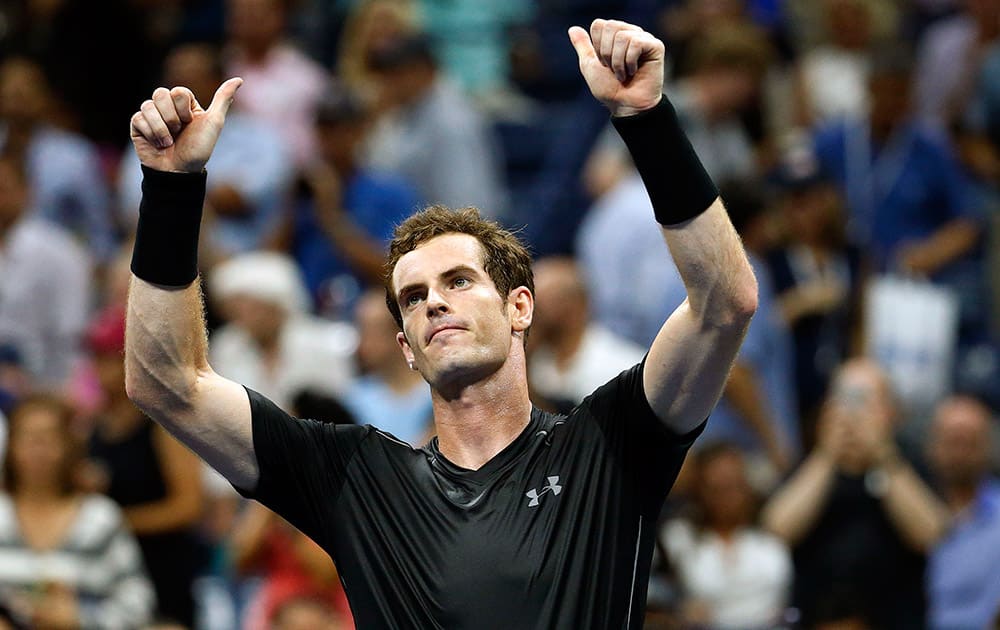 Andy Murray, of Britain, reacts after beating Nick Kyrgios, of Australia, during the first round of the US Open tennis tournament in New York.