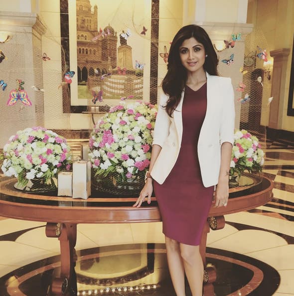 Wearing Gucci and a Ted Baker jacket and Kurt Geiger pumps - Instagram@officialshilpashetty