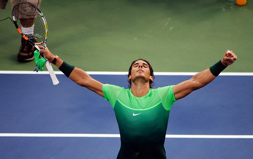 Rafael Nadal, of Spain, reacts after beating Diego Schwartzman, of Argentina, during the second round of the US Open tennis tournament.