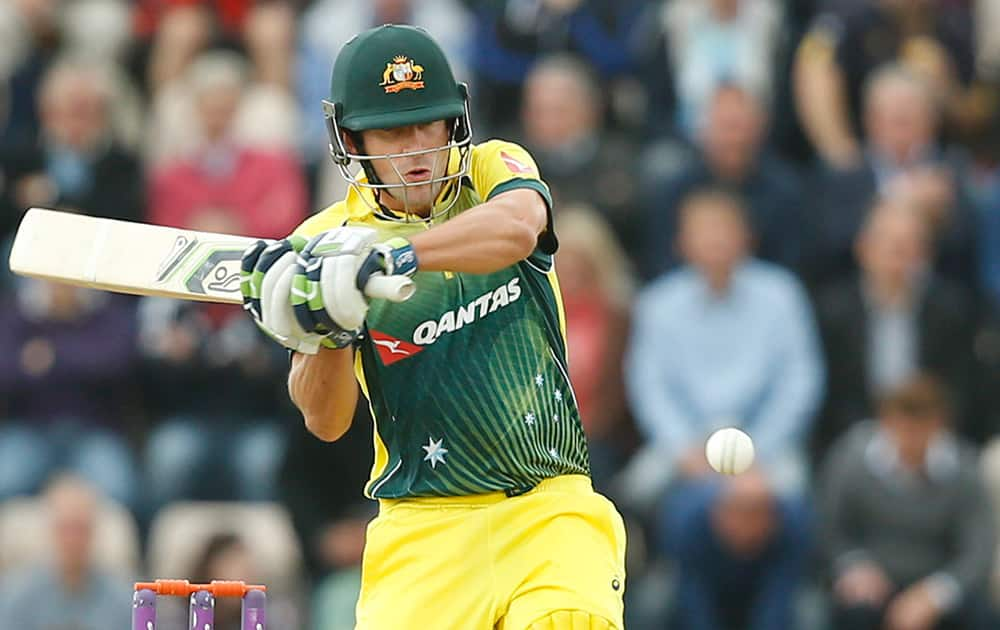 Australia’s Joe Burns plays his stroke and takes two runs off the bowling of England’s Steven Finn during the one day international cricket match between England and Australia at the Ageas bowl in Southampton, England.