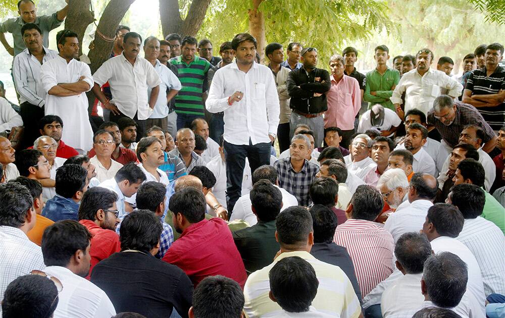 Hardik Patel, Convener of Patidar Anamat Andolan Samiti speaks to leaders of Patidar community during Patidar panchayat meeting in Ahmedabad.