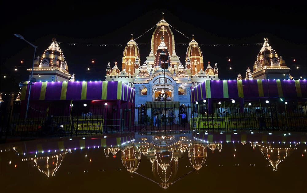 Illuminated Laxmi Narayan Temple (Birla Mandir) on the occasion of Janmashtami festival in New Delhi.