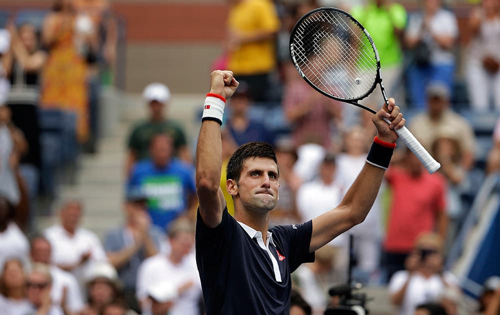 Novak Djokovic, of Serbia, reacts after defeating Andreas Seppi, of Italy, during the third round of the U.S. Open tennis tournament.