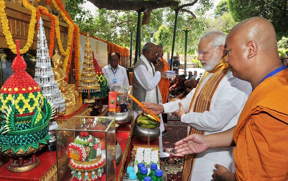 Prime Minister Narendra Modi offering prayers at the Mahabodhi Temple in Bodh Gaya.