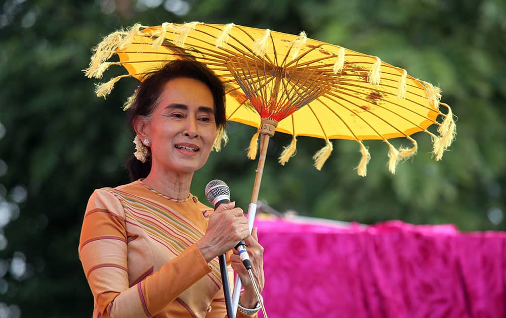 Myanmar Opposition Leader Aung San Suu Kyi speaks during her “Election Awareness Tour” in Hsihseng township in Pa-O self-administrative zone, southern Shan State, Myanmar.