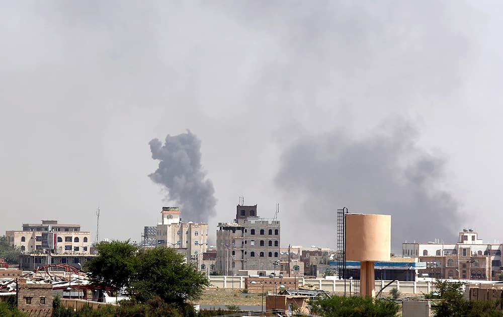 Smoke rises after an airstrike by the Saudi-led coalition in Sanaa, Yemen.