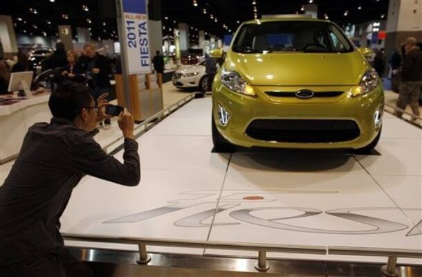 A 2011 Fiesta on a riser in the Ford display at the Denver auto show