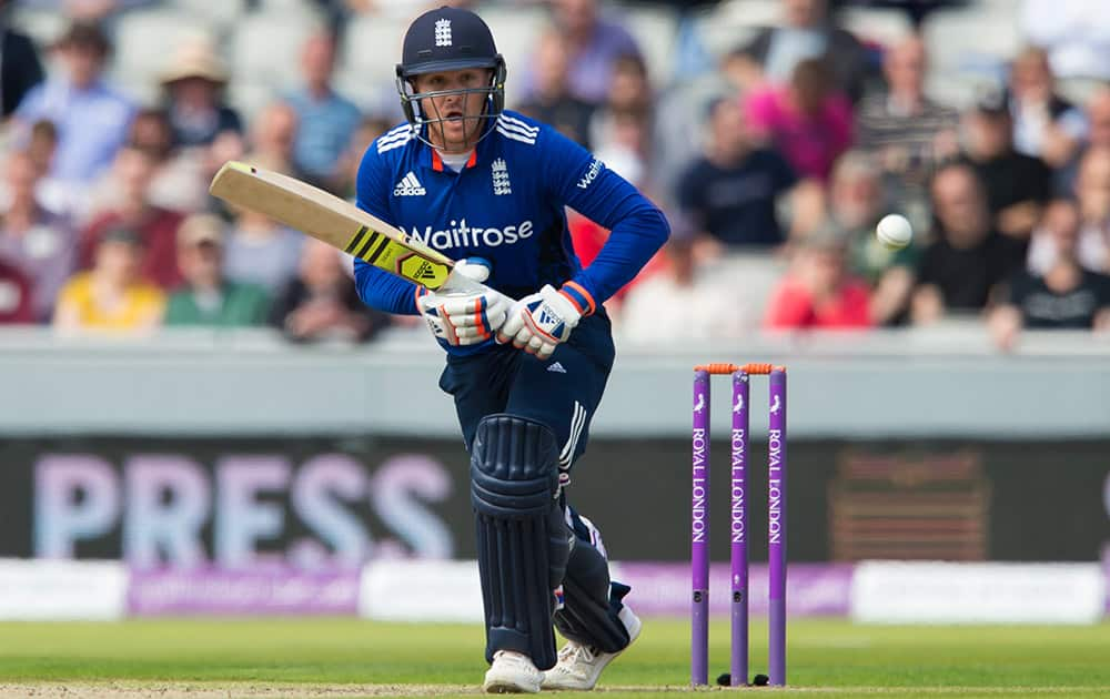 England's Jason Roy plays a shot off the bowling of Australia's James Pattinson during the One-Day International cricket match between England and Australia at Old Trafford cricket ground in Manchester, England.