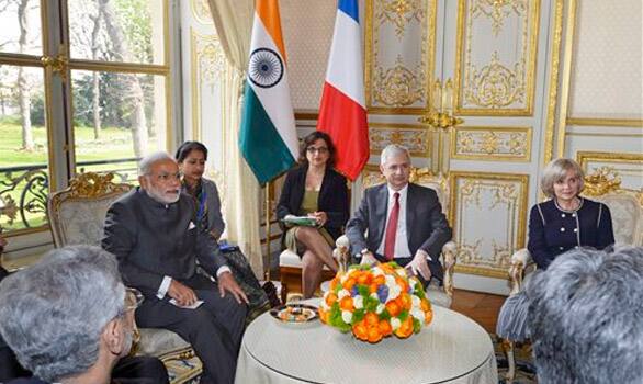Prime Minister Narendra Modi attends a meeting with French national Assembly President Claude Bartolone in Paris.