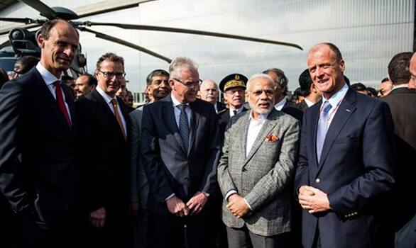 Tom Enders, Airbus Group CEO and Prime Minister Narenda Modi visit the Airbus A380 Final Assembly Lane, in Blagnac, Southern France.