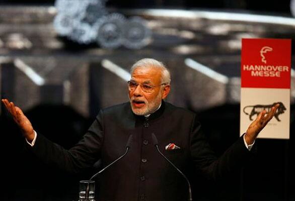 India's Prime Minister Narendra Modi speaks at the opening of the industrial fair in Hanover, Germany, Sunday, April 12, 2015.