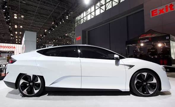 The Honda FCV, a zero-emissions concept vehicle, is on display at the New York International Auto Show, Wednesday, April 1, 2015. The hydrogen fuel-cell-powered vehicle is expected to come to market in 2016.