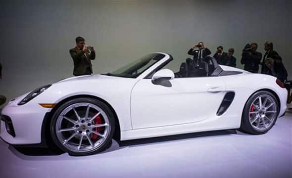 The Porsche Boxster Spyder is photographed during a debut at the New York International Auto Show, Tuesday, March 31, 2015.