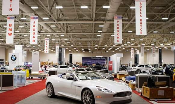 An Aston Martin Q DB9 Volante convertible priced at $257,551 is on display at the 2015 DFW Auto Show.