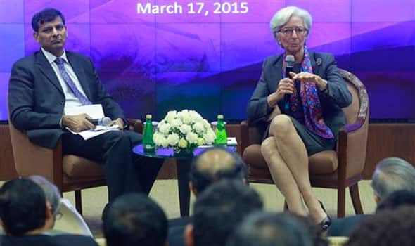 Managing Director of the International Monetary Fund Christine Lagarde, right, speaks as Governor of Reserve Bank of India (RBI) Raghuram Rajan looks on during an event at the RBI headquarters in Mumbai, India, Tuesday, March 17, 2015. 