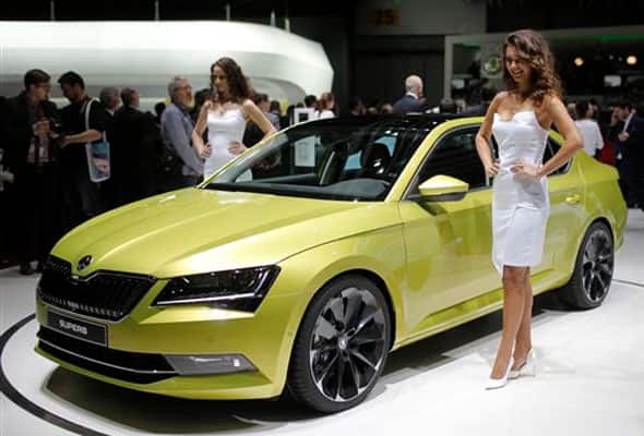 The new Skoda Superb is on display on the first press day of the Geneva International Motor Show Tuesday, March 3, 2015 in Geneva, Switzerland.