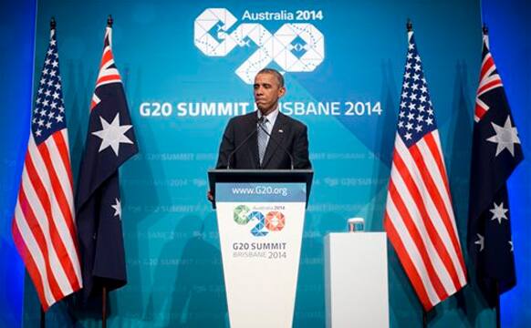 US President Barack Obama speaks during his news conference at the G20 Summit in Brisbane, Australia, Sunday, Nov. 16, 2014.