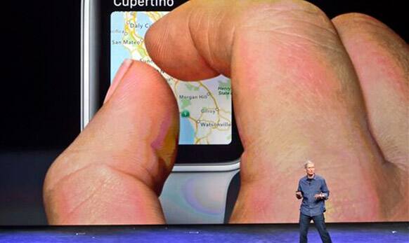 Apple CEO Tim Cook introduces the new Apple Watch on September 9, 2014, in Cupertino, California.