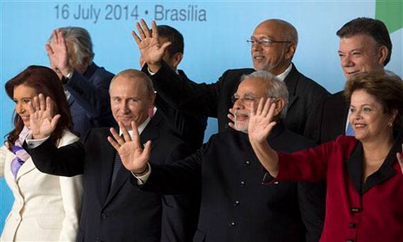 Uruguay's President Jose Mujica, Peru'Jose Mujica, Ollanta Humala, Donald Ramotar, Juan Manuel Santos, Cristina Fernandez, Vladimir Putin, Narendra Modi, Dilma Rousseff