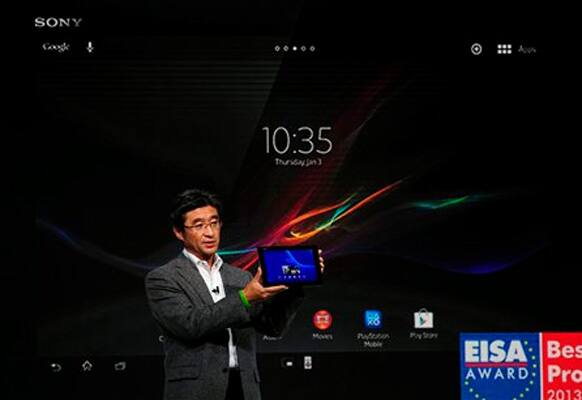 President and CEO of Sony Mobile Communications Kunimasa Suzuki presents the Xperia Z2 tablet during the Mobile World Congress, the world's largest mobile phone trade show in Barcelona, Spain, Monday, Feb. 24, 2014. 