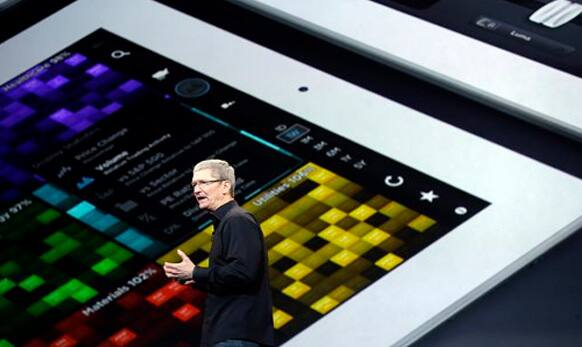 Apple CEO Tim Cook speaks on stage before a new product introduction in San Francisco. 