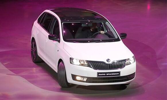 The new Skoda Rapid Spaceback is displayed during a preview by the Volkswagen Group prior to the 65th Frankfurt Auto Show in Frankfurt, Germany, Monday, Sept. 9, 2013.