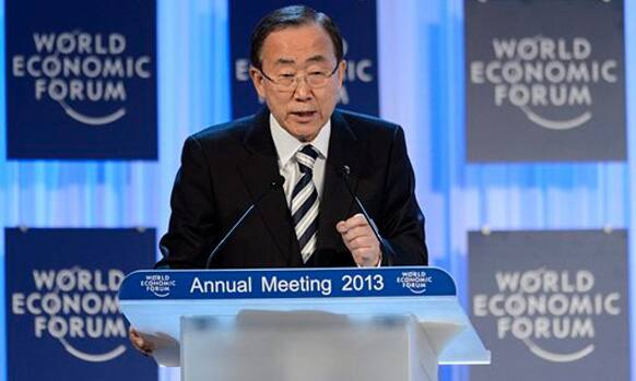 United Nations Secretary General Ban Ki-moon, speaks during the 43rd Annual Meeting of the World Economic Forum, WEF, in Davos, Switzerland.