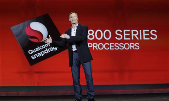 Qualcomm CEO Paul Jacobs talks about the new 800 series Snapdragon processors during the keynote address at the Consumer Electronics Show.