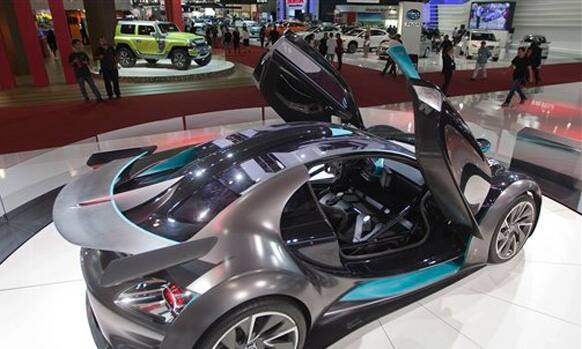 The Citroen Survolt concept sits on exhibit at the Sao Paulo International Motor Show in Sao Paulo, Brazil, Tuesday, Oct. 23, 2012. 