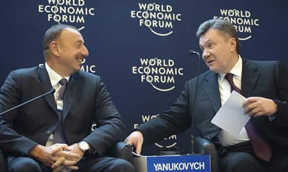 Ilham Aliyev, left, President of Azerbaijan, and Viktor Yanukovych, right, President of Ukraine, attend a panel session at the 42nd Annual Meeting of the World Economic Forum, WEF, in Davos.