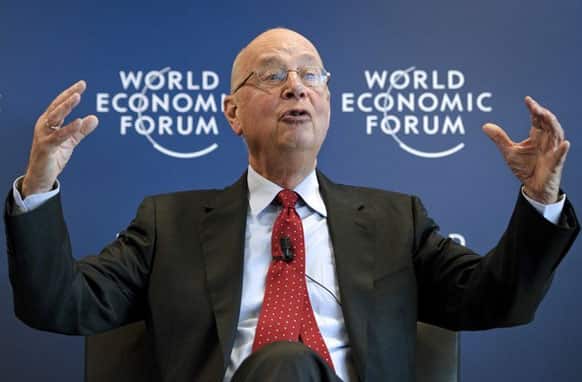 World Economic Forum (WEF) founder and executive chairman Klaus Schwab gestures during a news conference focused World Economic Forum WEF annual meeting at the Forum's headquarters in Cologny, near Geneva.