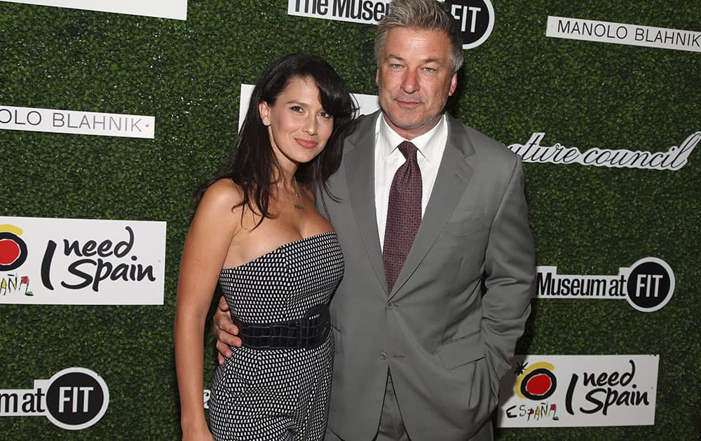 Hilaria Baldwin, left, and Alec Baldwin, right, attend the 2015 Couture Council Awards Luncheon at the David Koch Theater.