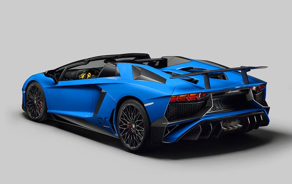 This photo provided by Lamborghini shows the rear and side of the Lamborghini Aventador LP 750-4 Superveloce roadster. The track-ready race car has a 740-horsepower V12 engine - up from 700 in the Aventador - and is 110 pounds lighter thanks to more use of carbon fiber.