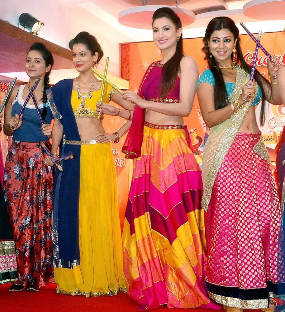 Gauhar Khan, Payal Rohatagi, Debina Bonnerjee and Asha Negi during the announcement of the Garba celebration ahead of Navratri Festival at Country Club, in Mumbai.