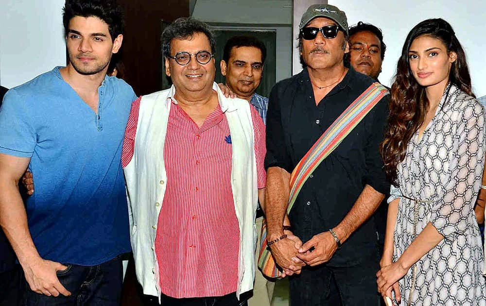 Bollywood actors Jackie Shroff, Sooraj Pancholi, Athiya Shetty with filmmaker Subhash Ghai at an interactive session with students at annual festival of Whistling Woods International.