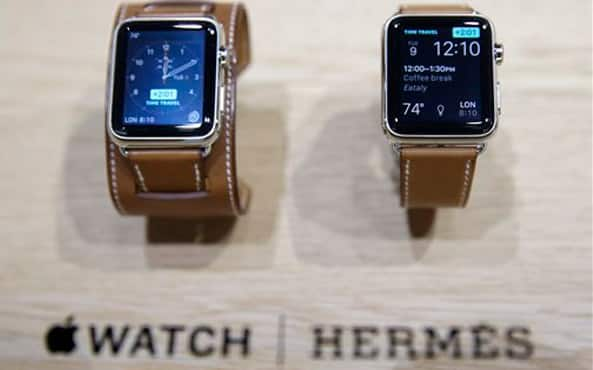 The new Apple Watch with a Hermes band is displayed following an Apple event. 