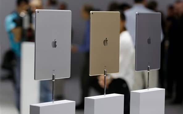 The new Apple iPad Pro is displayed in three different finishes following an Apple event on Sept 9, 2015, in San Francisco. 