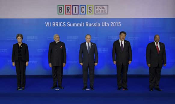 Brazil's President Dilma Rousseff, Indian Prime Minister Narendra Modi, President of Russia Vladimir Putin, President of China Xi Jinping and South African President Jacob Zuma at the BRICS Summit in Ufa, Russia.