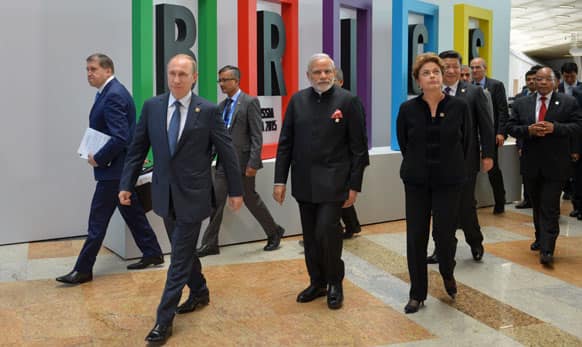 Brazil's President Dilma Rousseff, Indian Prime Minister Narendra Modi, President of Russia Vladimir Putin, President of China Xi Jinping and South African President Jacob Zuma at the BRICS Summit in Ufa, Russia.