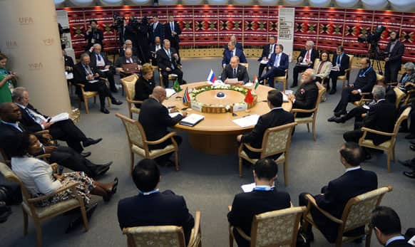 Heads of countries at BRICS summit in Ufa, Russia.