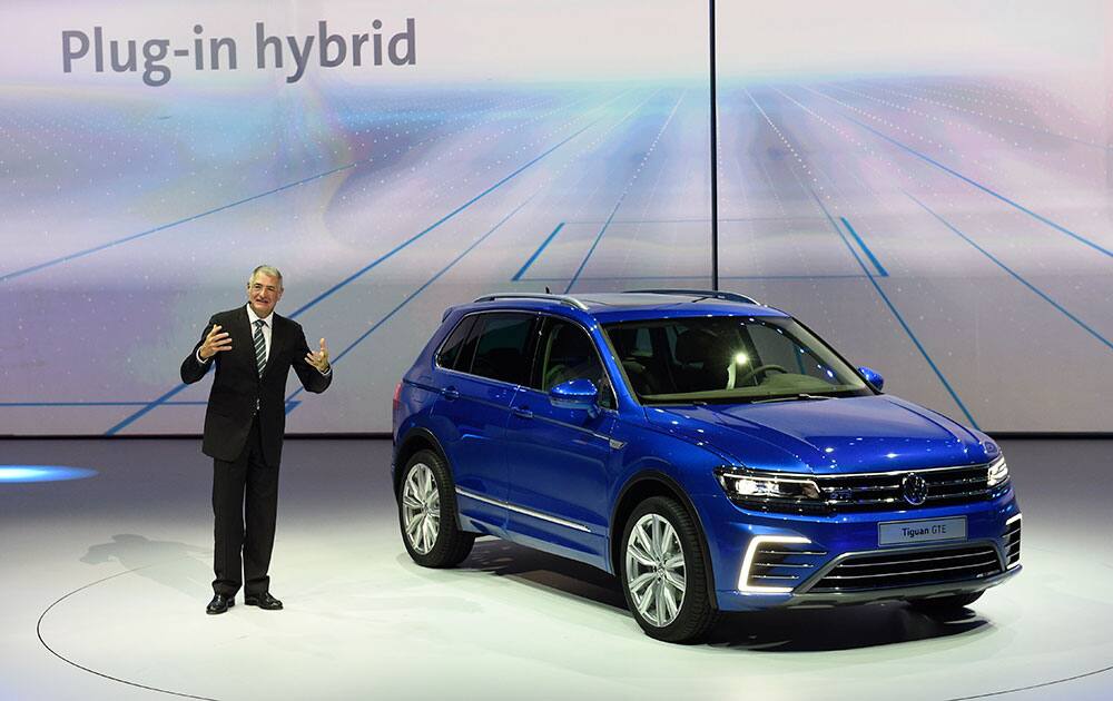 Volkswagen manager Ulrich Hackenberg presents the new Volkswagen Tiguan GTE during the Volkswagen group night on the eve of the Frankfurt Auto Show IAA.