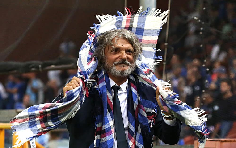 Sampdoria President Massimo Ferrero walks on the pitch prior to the start of a Serie A soccer match between Sampdoria and Bologna, in Genoa, Italy.