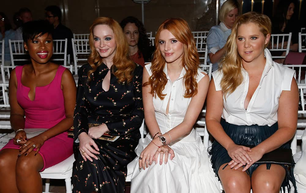 Actresses Jennifer Hudson, from left, Christina Hendricks, Bella Thorne and Amy Schumer sit in the front row before the Zac Posen Spring 2016 collection show during Fashion Week.