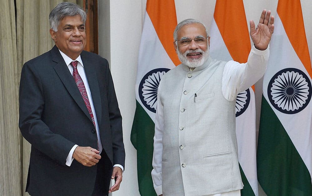 Prime Minister Narendra Modi with his Sri Lankan counterpart Ranil Wickremesinghe before their meeting at Hyderabad House in New Delhi.