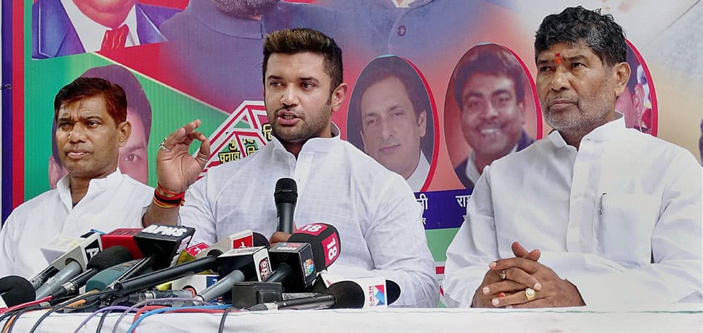 Lok Janshakti Party (LJP) leader Chirag Paswan addressing a press conference in New Delhi.