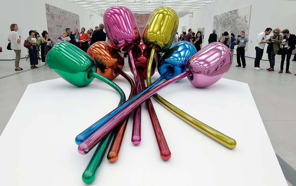 A sculpture by artist Jeff Koons is displayed at the new The Broad museum downtown Los Angeles.