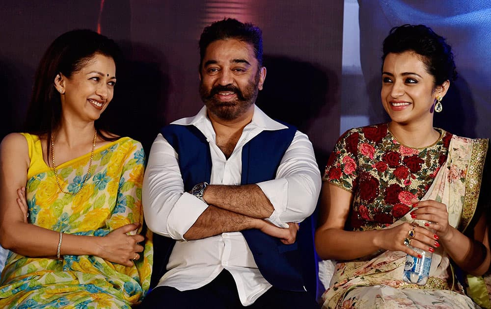 Actors Kamal Haasan, Trisha and Gautami Tadimalla at the launch of their upcoming movie Thoonga Vanam in Chennai..